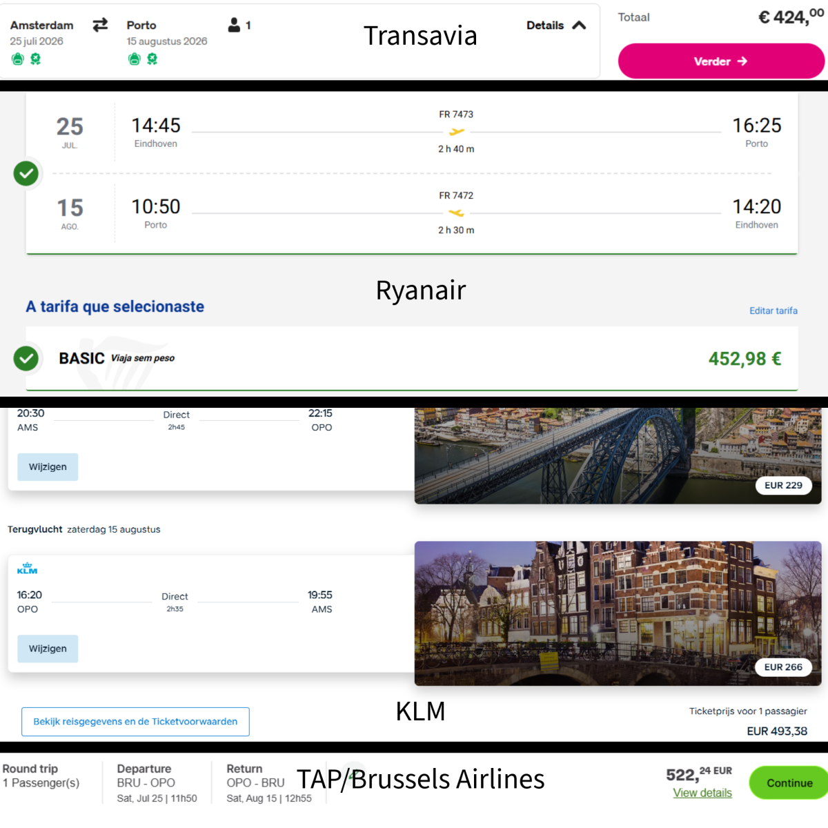 Preços dos voos para o Porto